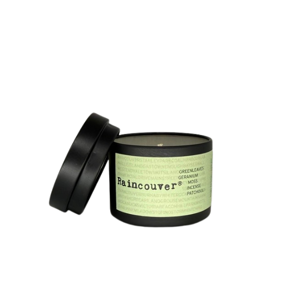 Raincouver® 2oz single soy candle by Ollie & Co. with patchouli, geranium, leaves, moss, incense and myrrh.
