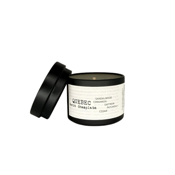 Quebec Petit Champlain 2oz single soy candle by Ollie & Co. with sandalwood, cinnamon, saffron, patchouli and cedar.