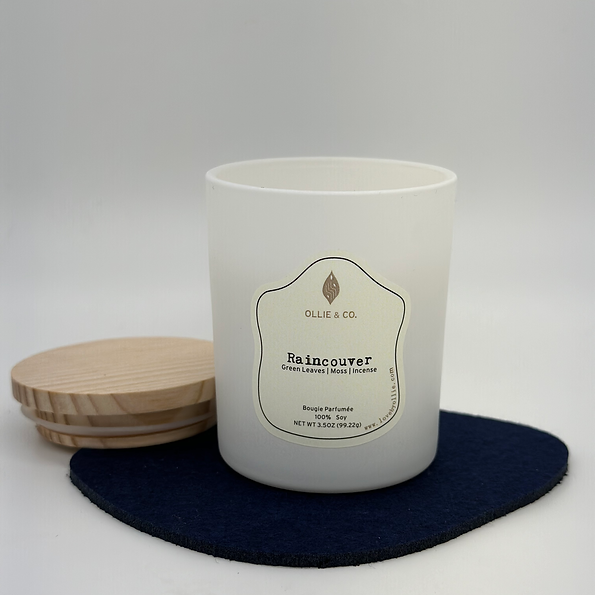 Raincouver® by Ollie & Co. with patchouli, geranium, leaves, moss, incense, myrrh.
