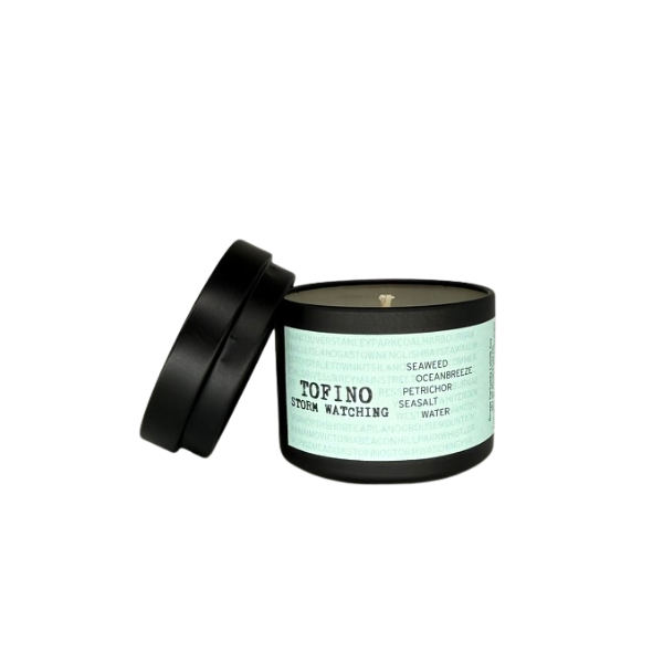 Tofino Storm Watching 2oz single soy candle by Ollie & Co. with seaweed, water, sea salt and sea air.