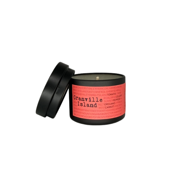 Granville Island 2oz single soy candle by Ollie & Co. with celery, carrot, tomato, thyme, oregano and pepper.