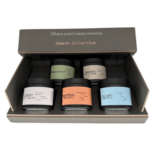 Canada Collection 2oz candle gift set of 5 by Ollie & Co. — Raincouver, Calgary, Toronto, Montreal and Quebec scents in a custom box.
