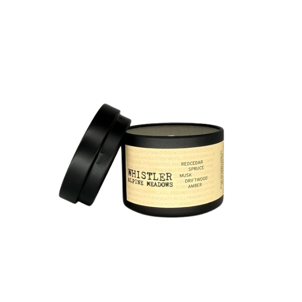 Whistler Alpine Meadows 2oz single soy candle by Ollie & Co. with red cedar, silver fir, driftwood and musk.
