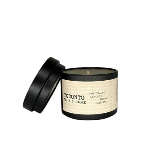Toronto The Big Smoke 2oz single soy candle by Ollie & Co. with pipe tobacco, sawdust, smoke and gasoline.