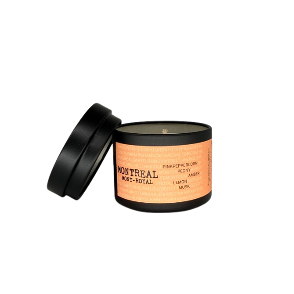 Montreal Mont-Royal 2oz single soy candle by Ollie & Co. with pink peppercorn, peony, amber, lemon and musk.