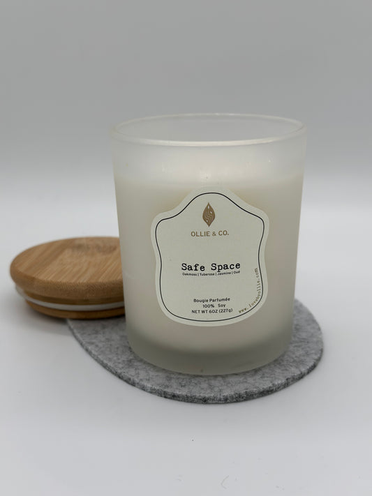 Safe Space by Ollie & Co. with rosemary, vetiver, patchouli, jasmine, oakmoss.